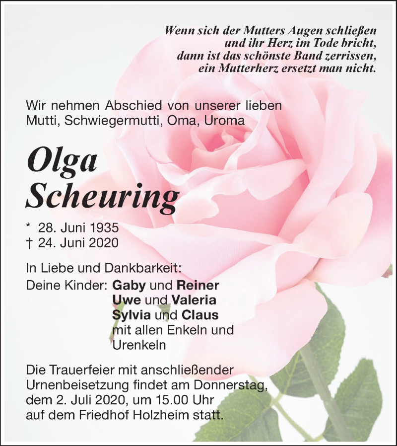  Traueranzeige für Olga Scheuring vom 30.06.2020 aus NWZ Neue Württembergische Zeitung