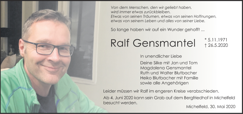  Traueranzeige für Ralf Gensmantel vom 30.05.2020 aus Haller Tagblatt