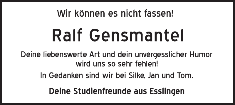  Traueranzeige für Ralf Gensmantel vom 03.06.2020 aus Haller Tagblatt
