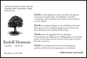 Traueranzeige von Rudolf Honnens von Hohenloher Tagblatt