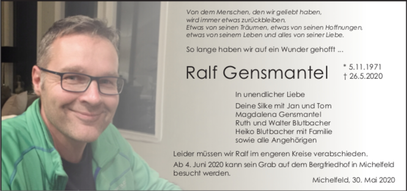  Traueranzeige für Ralf Gensmantel vom 30.05.2020 aus Haller Tagblatt