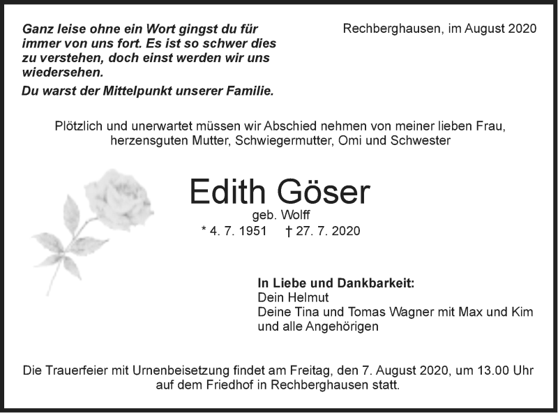  Traueranzeige für Edith Göser vom 01.08.2020 aus NWZ Neue Württembergische Zeitung