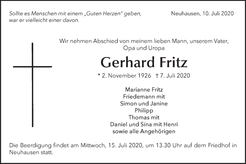 Traueranzeige für Gerhard Fritz vom 10.07.2020 aus Metzinger-Uracher Volksblatt