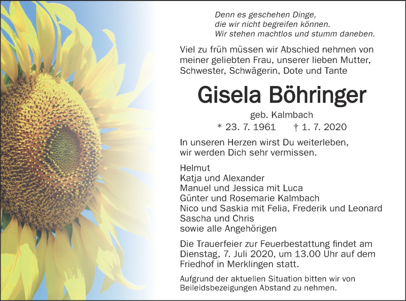  Traueranzeige für Gisela Böhringer vom 04.07.2020 aus SÜDWEST PRESSE Ausgabe Ulm/Neu-Ulm