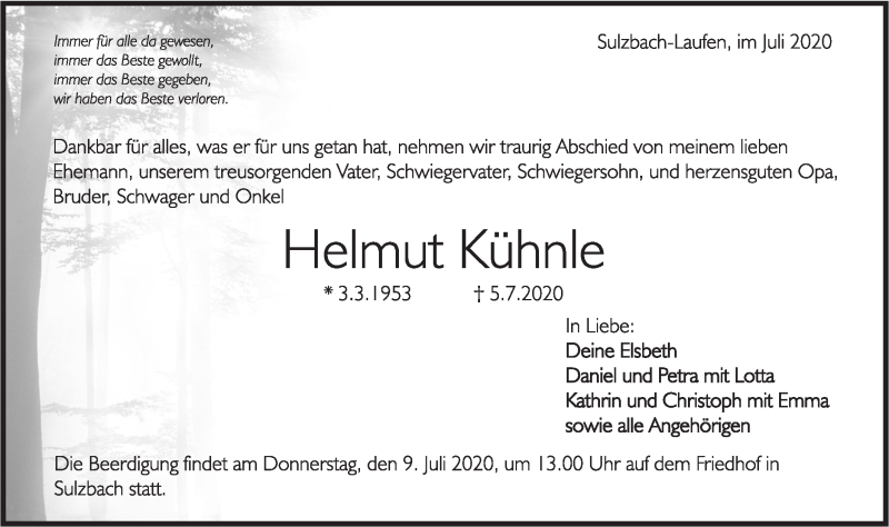  Traueranzeige für Helmut Kühnle vom 08.07.2020 aus Rundschau Gaildorf