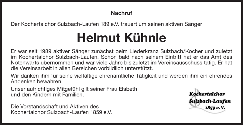  Traueranzeige für Helmut Kühnle vom 09.07.2020 aus Rundschau Gaildorf