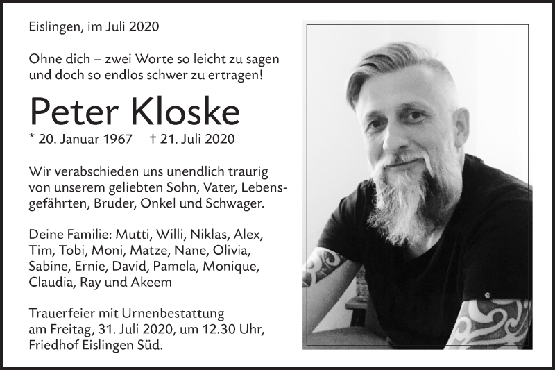  Traueranzeige für Peter Kloske vom 25.07.2020 aus NWZ Neue Württembergische Zeitung