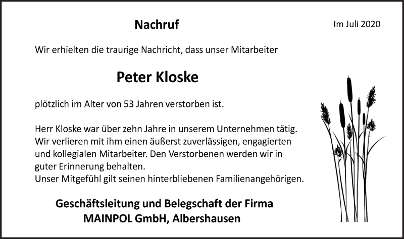  Traueranzeige für Peter Kloske vom 30.07.2020 aus NWZ Neue Württembergische Zeitung
