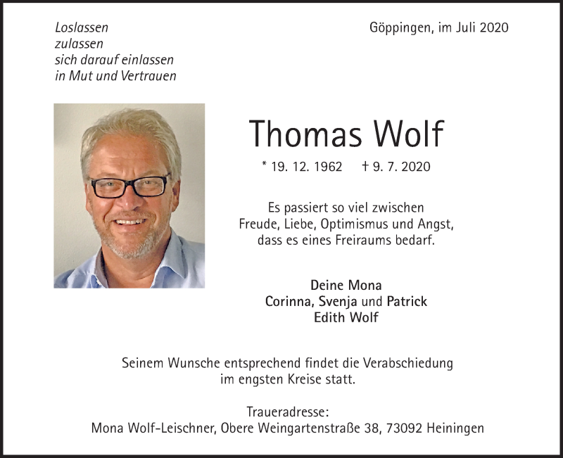  Traueranzeige für Thomas Wolf vom 15.07.2020 aus NWZ Neue Württembergische Zeitung