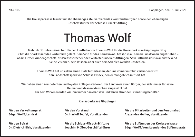  Traueranzeige für Thomas Wolf vom 15.07.2020 aus NWZ Neue Württembergische Zeitung/Geislinger Zeitung