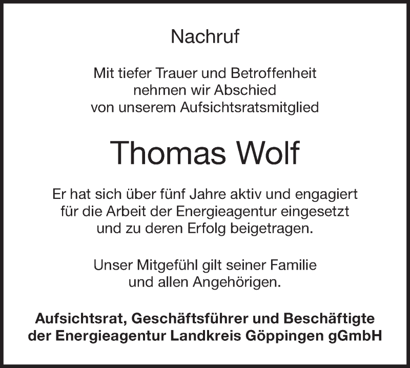  Traueranzeige für Thomas Wolf vom 16.07.2020 aus NWZ Neue Württembergische Zeitung/Geislinger Zeitung