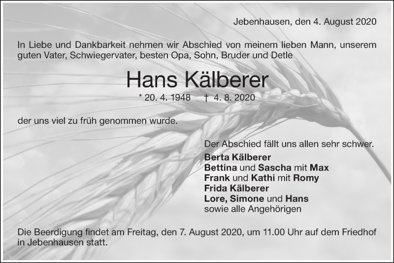  Traueranzeige für Hans Kälberer vom 06.08.2020 aus NWZ Neue Württembergische Zeitung
