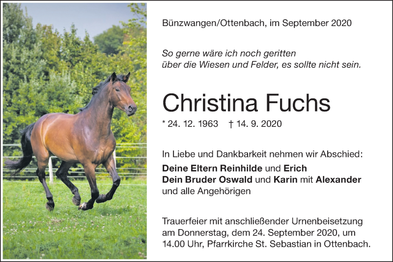  Traueranzeige für Christina Fuchs vom 19.09.2020 aus NWZ Neue Württembergische Zeitung