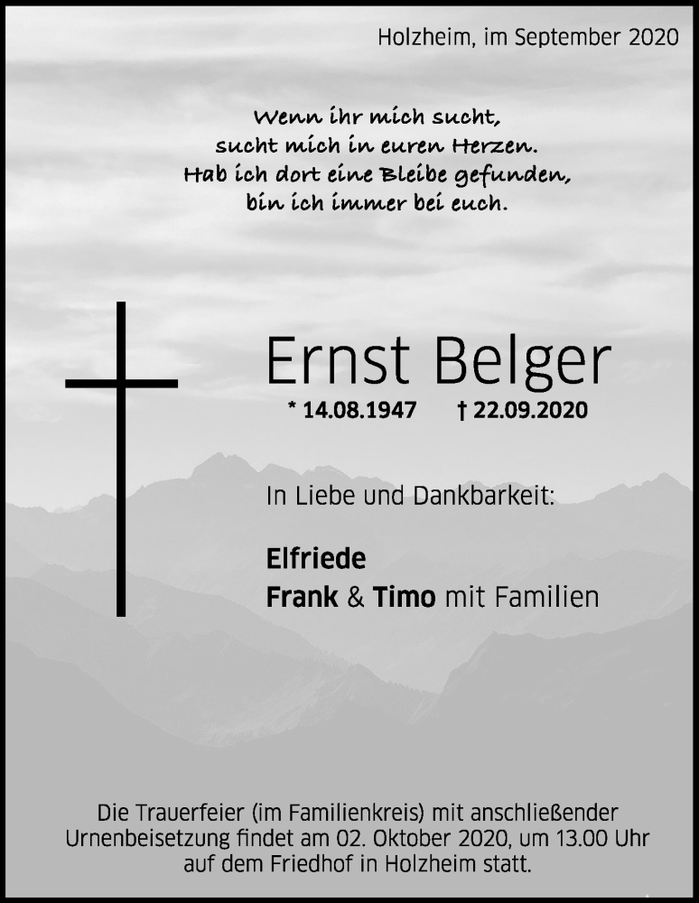  Traueranzeige für Ernst Belger vom 25.09.2020 aus NWZ Neue Württembergische Zeitung