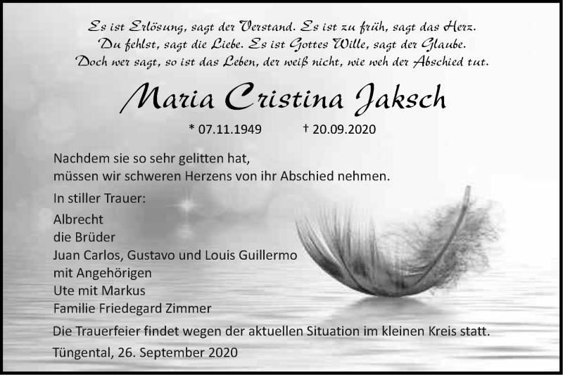  Traueranzeige für Maria Cristina Jaksch vom 26.09.2020 aus Haller Tagblatt