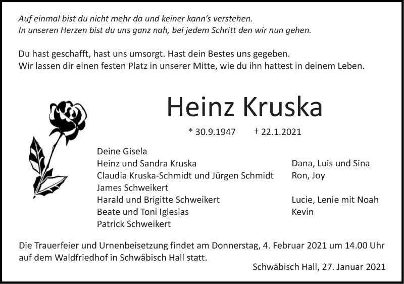  Traueranzeige für Heinz Kruska vom 27.01.2021 aus Haller Tagblatt