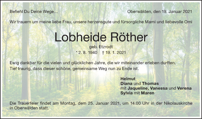  Traueranzeige für Lobheide Röther vom 22.01.2021 aus NWZ Neue Württembergische Zeitung