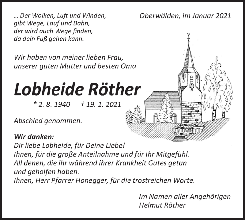  Traueranzeige für Lobheide Röther vom 30.01.2021 aus NWZ Neue Württembergische Zeitung