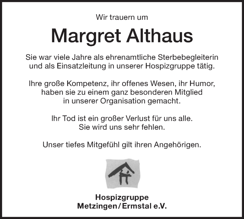 Traueranzeige für Margret Althaus vom 21.01.2021 aus Metzinger-Uracher Volksblatt