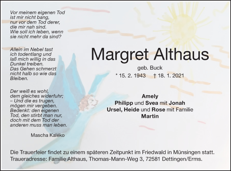  Traueranzeige für Margret Althaus vom 21.01.2021 aus Metzinger-Uracher Volksblatt