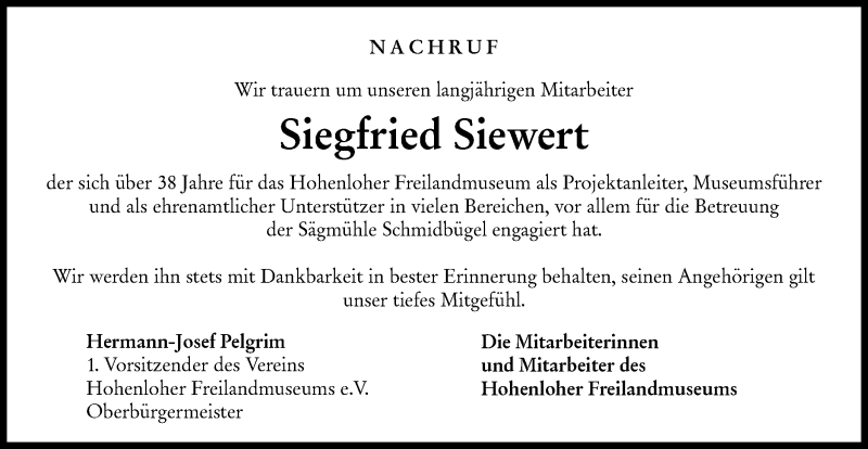  Traueranzeige für Siegfried Siewert vom 27.01.2021 aus Haller Tagblatt