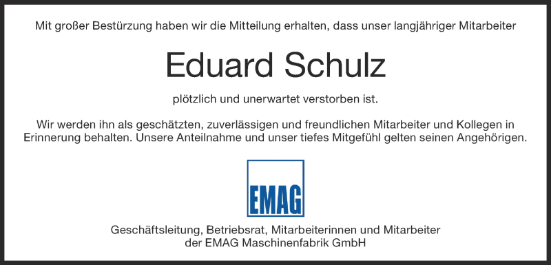  Traueranzeige für Eduard Schulz vom 08.10.2021 aus NWZ Neue Württembergische Zeitung