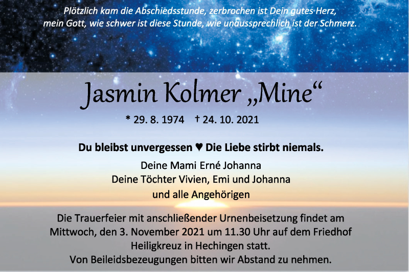  Traueranzeige für Jasmin Kolmer vom 30.10.2021 aus Metzinger-Uracher Volksblatt