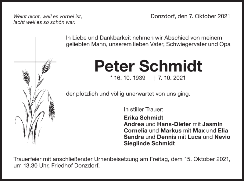  Traueranzeige für Peter Schmidt vom 12.10.2021 aus NWZ Neue Württembergische Zeitung