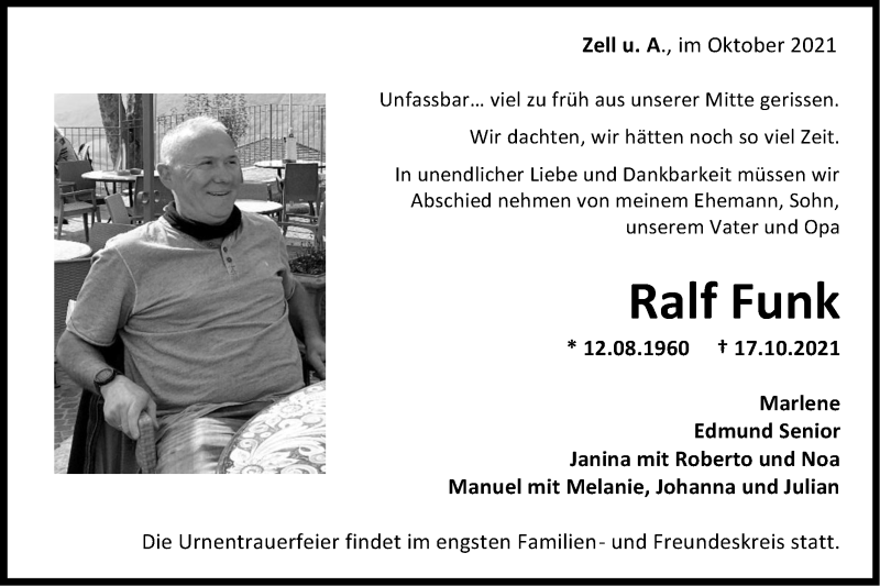  Traueranzeige für Ralf Funk vom 21.10.2021 aus NWZ Neue Württembergische Zeitung