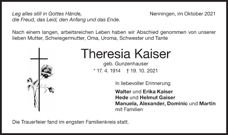  Traueranzeige für Theresia Kaiser vom 27.10.2021 aus NWZ Neue Württembergische Zeitung