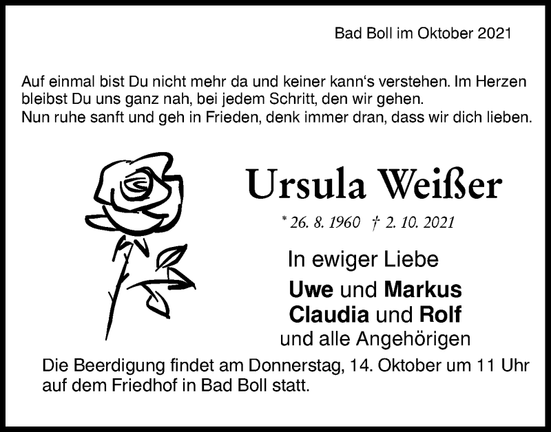  Traueranzeige für Ursula Weißer vom 11.10.2021 aus NWZ Neue Württembergische Zeitung