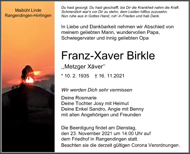 Traueranzeige für Franz-Xaver Birkle vom 20.11.2021 aus Metzinger-Uracher Volksblatt