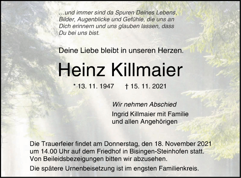  Traueranzeige für Heinz Killmaier vom 17.11.2021 aus Metzinger-Uracher Volksblatt