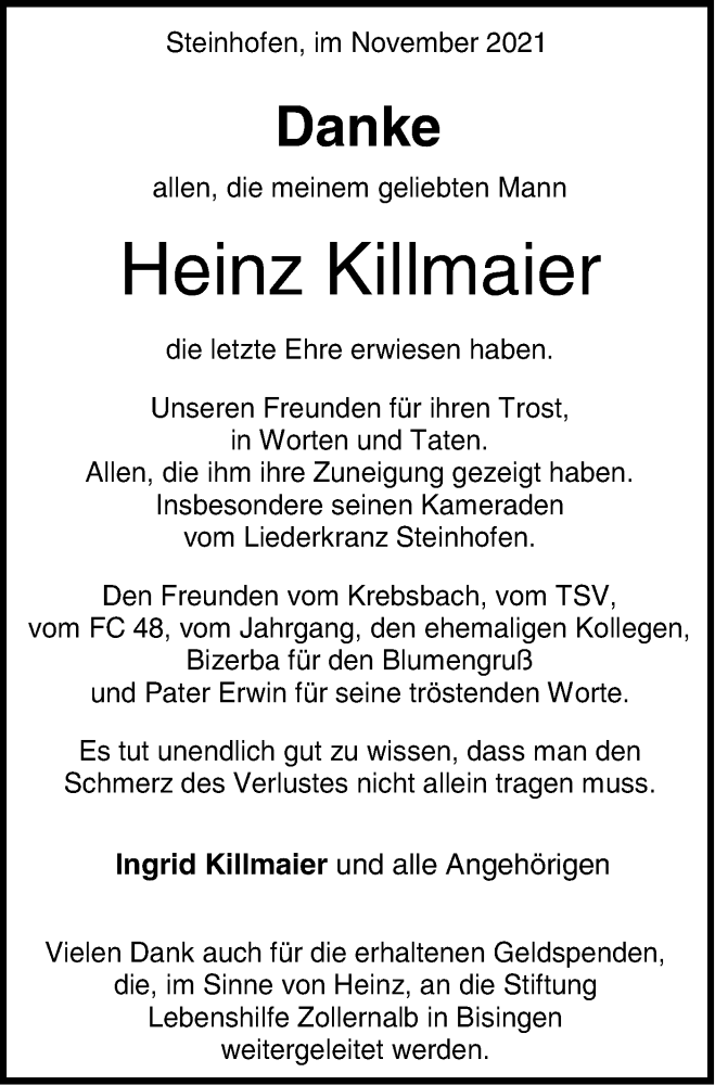  Traueranzeige für Heinz Killmaier vom 26.11.2021 aus Metzinger-Uracher Volksblatt