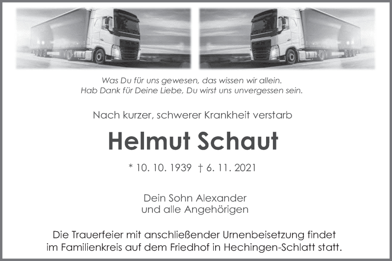  Traueranzeige für Helmut Schaut vom 11.11.2021 aus Metzinger-Uracher Volksblatt