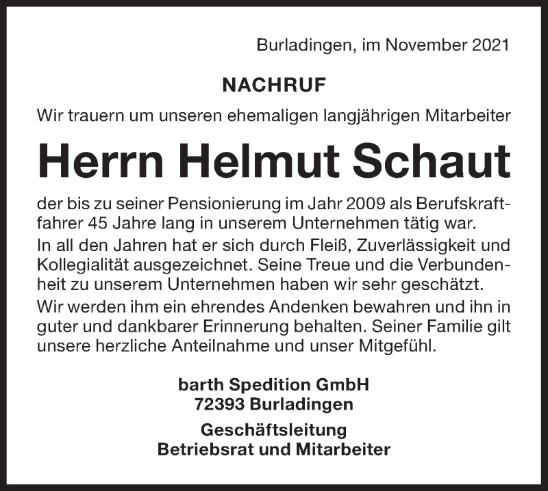  Traueranzeige für Helmut Schaut vom 13.11.2021 aus Metzinger-Uracher Volksblatt