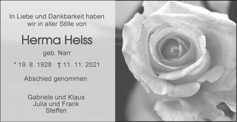  Traueranzeige für Herma Heiss vom 19.11.2021 aus Metzinger-Uracher Volksblatt