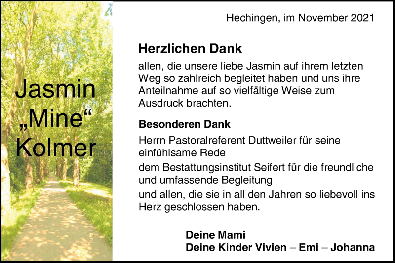  Traueranzeige für Jasmin Kolmer vom 10.11.2021 aus Metzinger-Uracher Volksblatt