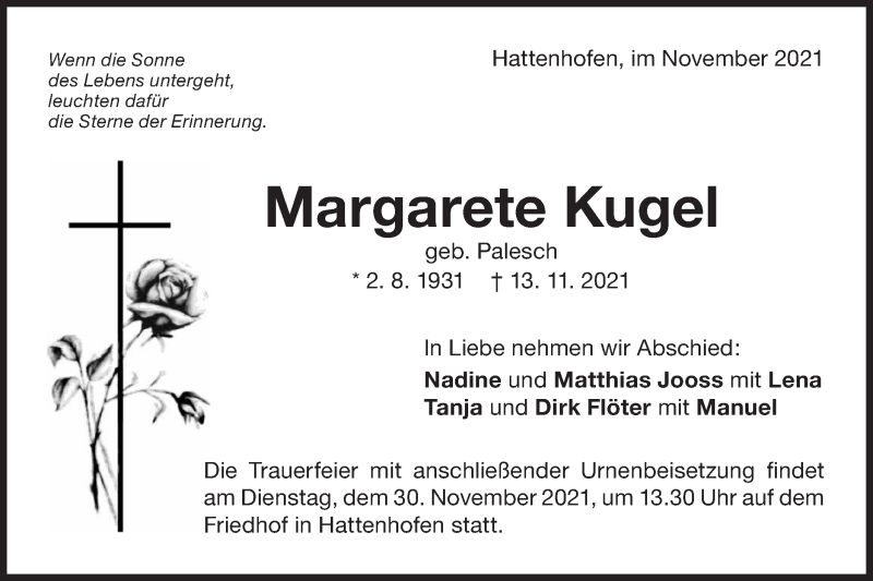  Traueranzeige für Margarete Kugel Palesch vom 20.11.2021 aus NWZ Neue Württembergische Zeitung