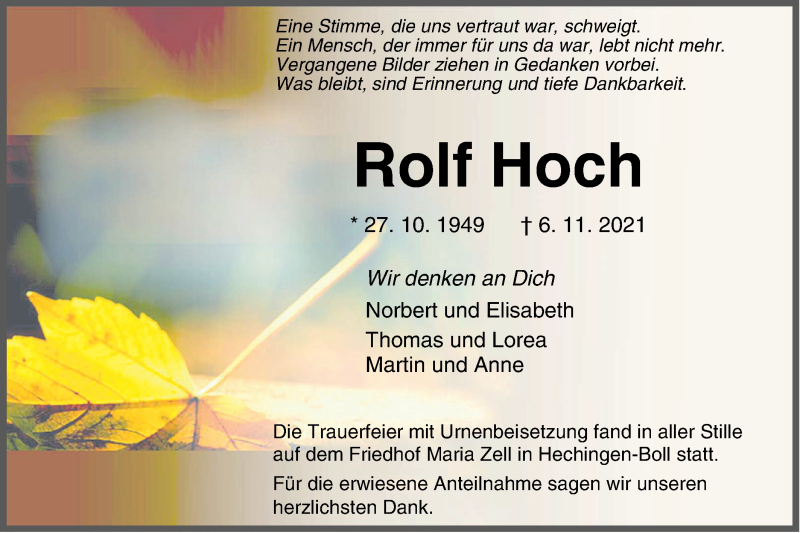  Traueranzeige für Rolf Hoch vom 19.11.2021 aus Metzinger-Uracher Volksblatt