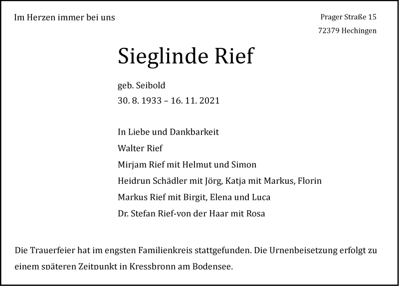 Traueranzeige für Sieglinde Rief vom 27.11.2021 aus Metzinger-Uracher Volksblatt