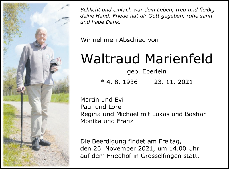  Traueranzeige für Waltraud Marienfeld vom 25.11.2021 aus Metzinger-Uracher Volksblatt
