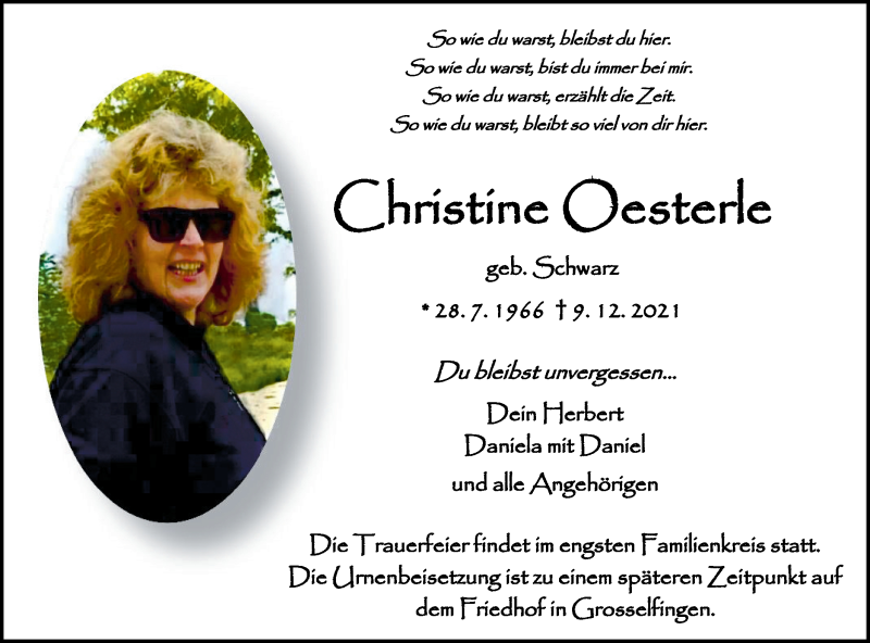  Traueranzeige für Christine Oesterle vom 14.12.2021 aus Metzinger-Uracher Volksblatt