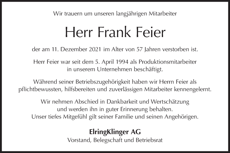  Traueranzeige für Frank Feier vom 17.12.2021 aus Metzinger-Uracher Volksblatt