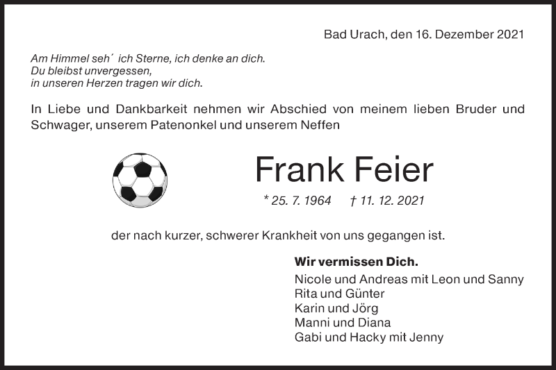  Traueranzeige für Frank Feier vom 16.12.2021 aus Metzinger-Uracher Volksblatt
