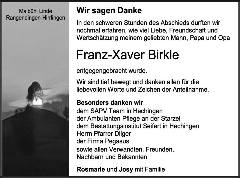  Traueranzeige für Franz-Xaver Birkle vom 04.12.2021 aus Metzinger-Uracher Volksblatt
