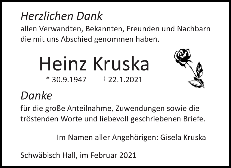  Traueranzeige für Heinz Kruska vom 27.02.2021 aus Haller Tagblatt