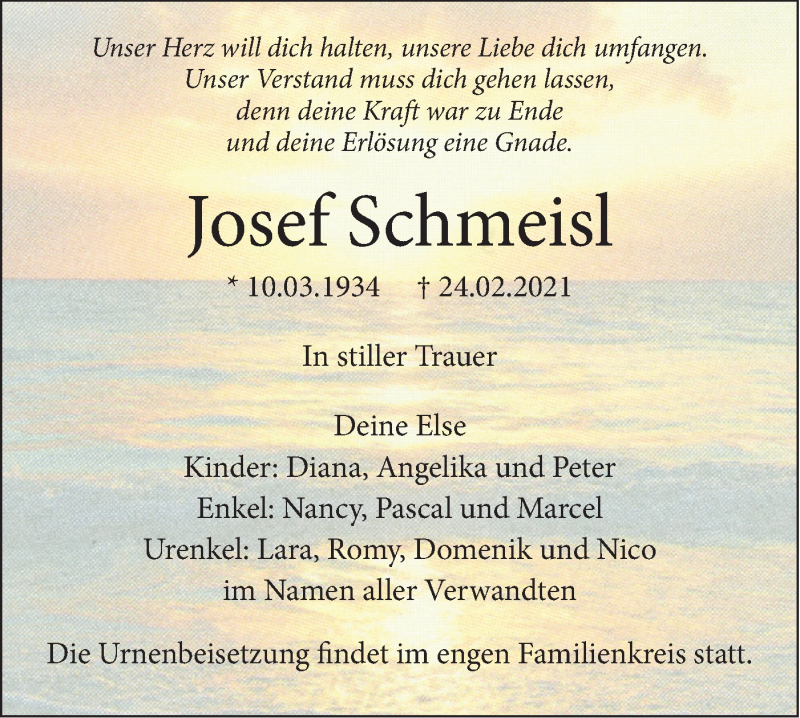  Traueranzeige für Josef Schmeisl vom 27.02.2021 aus SÜDWEST PRESSE Ausgabe Ulm/Neu-Ulm
