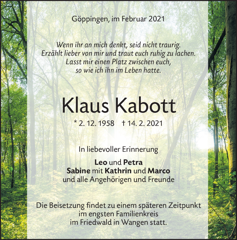  Traueranzeige für Klaus Kabott vom 20.02.2021 aus NWZ Neue Württembergische Zeitung