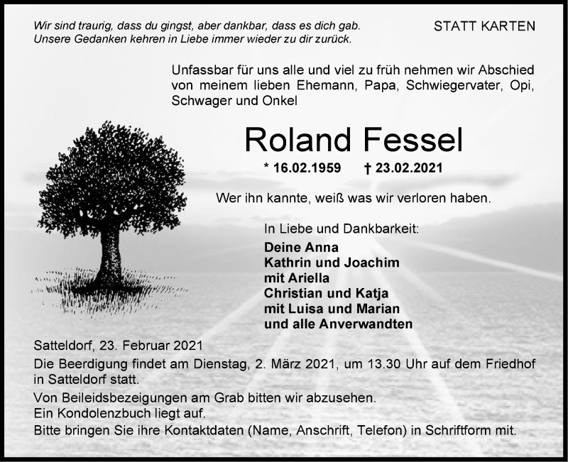  Traueranzeige für Roland Fessel vom 26.02.2021 aus Hohenloher Tagblatt